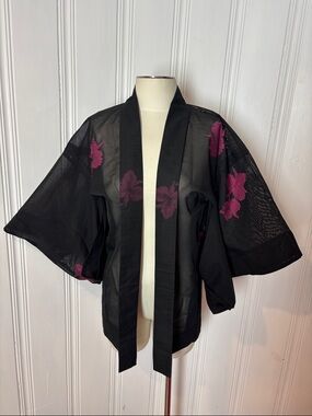 Black Sheer Floral Kimono Duster | Tulle Overlay Jacket - size M estimated
